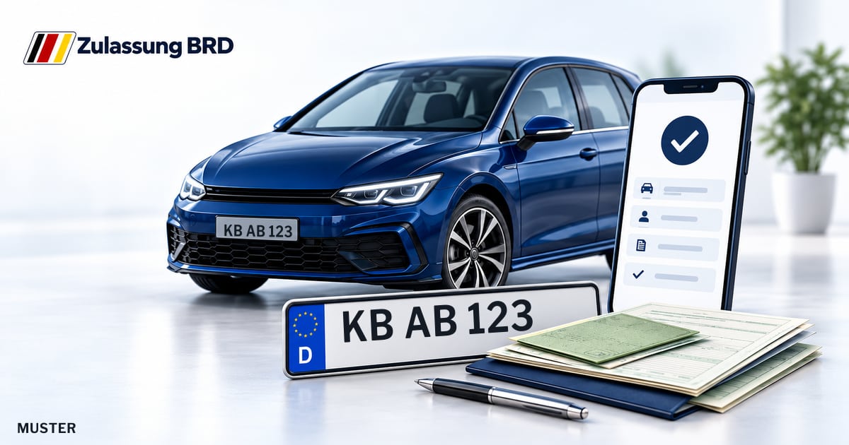 Online Fahrzeugzulassung in Volkmarsen: Musterkennzeichen KB AB 123, Auto und Fahrzeugpapiere und Smartphone. Illustration mit Logo von Zulassung BRD.